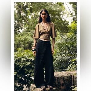 ZARA LINEN BLEND BLOUSE WITH RUFFLE SLEEVES